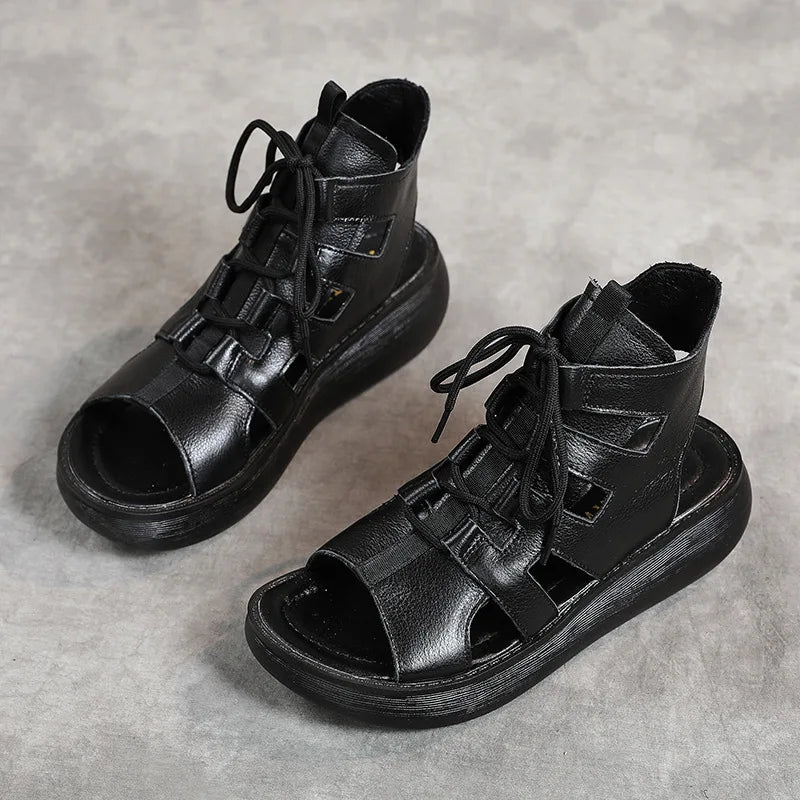 Women's Retro Genuine Leather Lace-Up Peep-Toe Sandals
