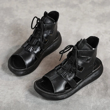 Women's Retro Genuine Leather Lace-Up Peep-Toe Sandals