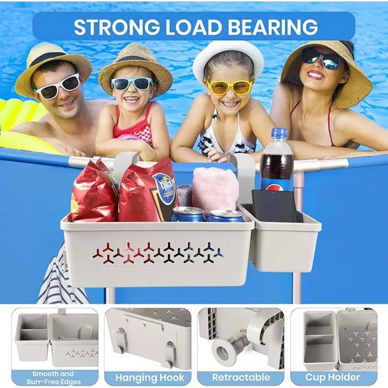 Poolside Storage Basket with Built-In Cup Holders for Above-Ground Pools