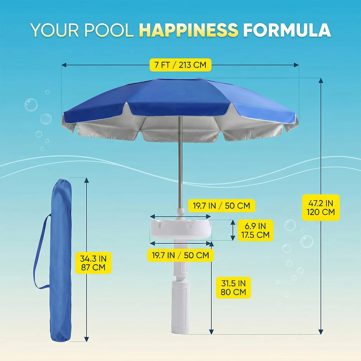 7ft Floating Pool Umbrella with Base Cup Holder & Carry Bag
