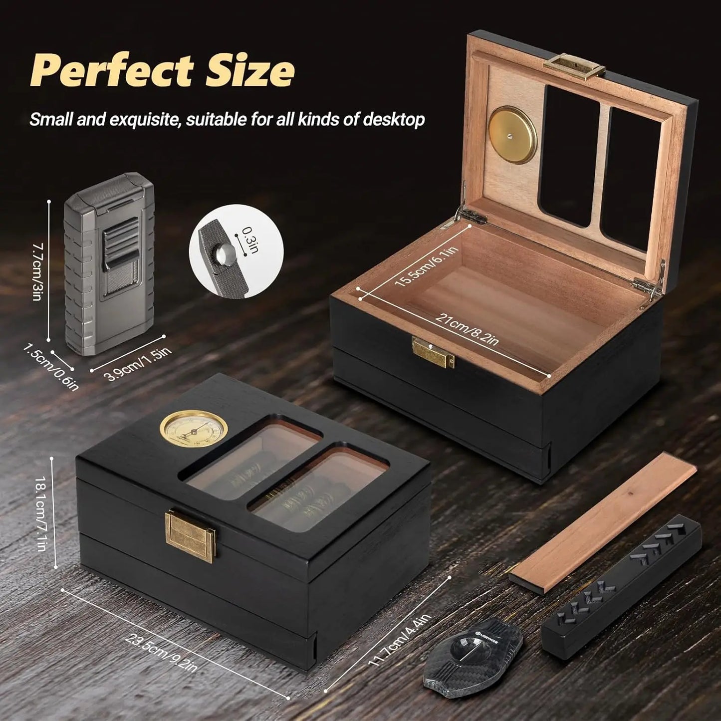 Glass Top Cedar Wood 20-35 Cigars with Hygrometer Cigar Lighter and V-Cutter