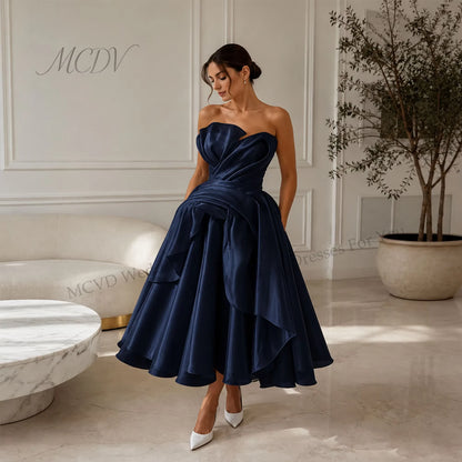 Elegant Strapless Organza A-Line Midi Wedding Dress – Civil Bridal Gown