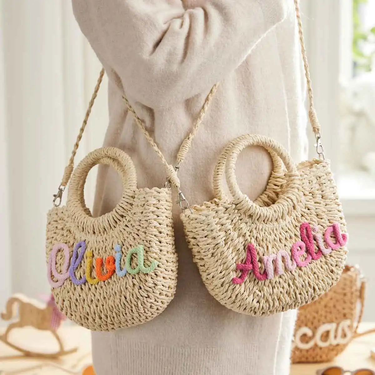 Personalized Hand-Woven Straw Tote Bag – Custom Embroidered Beach & Vacation Crossbody Bag