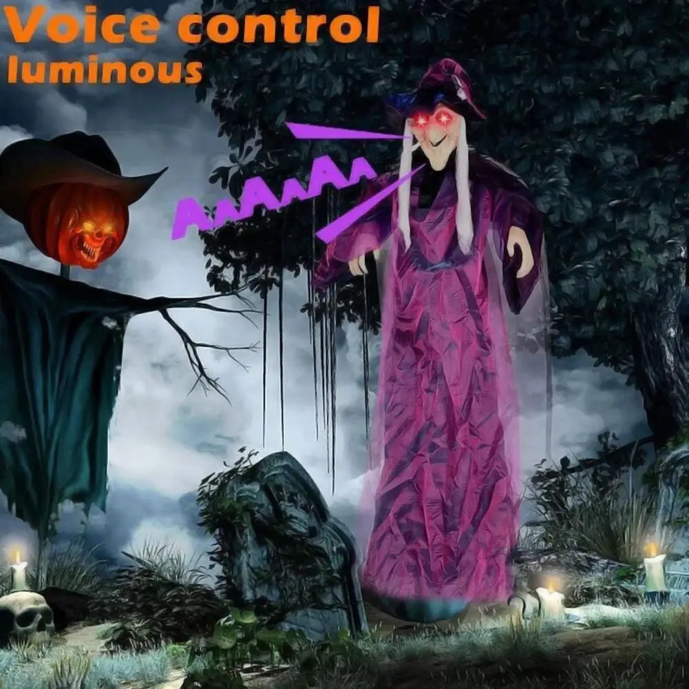 Life-Size Animated Purple Hanging Witch Halloween Prop with Voice Control & LED Eyes