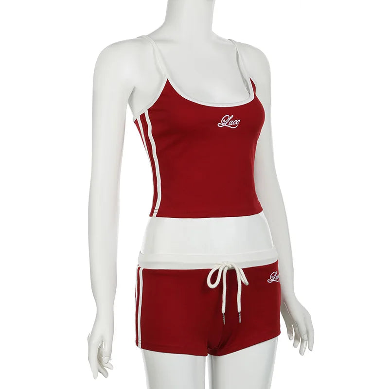 Women's Y2K Summer 2-Piece Short Set - Backless Letter Embroidery Camisole & Elastic Drawstring Shorts