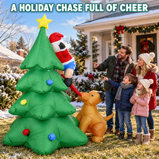 6FT Christmas Inflatable Dog Chasing Santa Climbing Tree