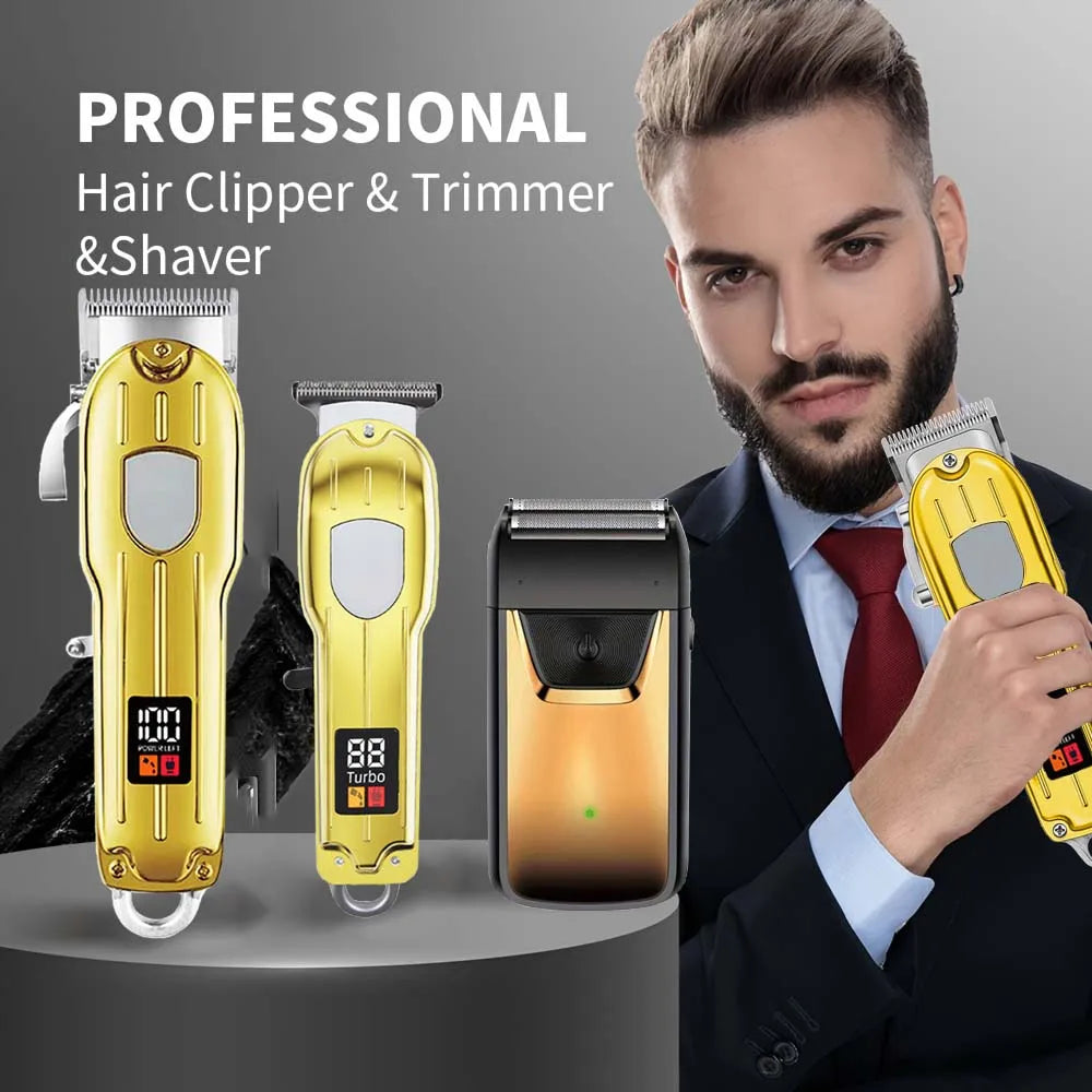 Professional 3-in-1 Hair Clipper & Trimmer Set – Cordless Grooming Kit with LCD Display