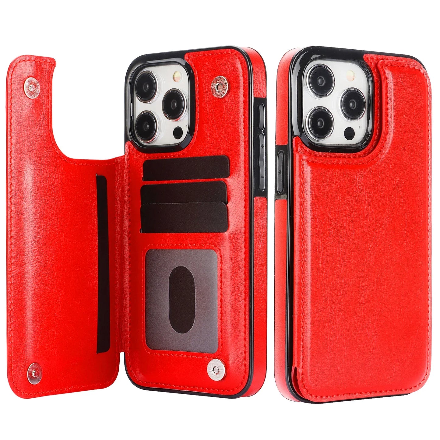 Double Button With Card Slot Stand Flip Leather Case For iPhone