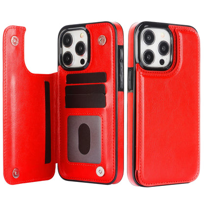 Double Button With Card Slot Stand Flip Leather Case For iPhone