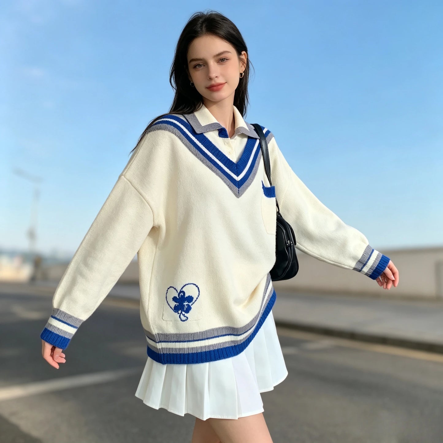 Women’s College Style Spliced Polo Collar Knitted Sweater