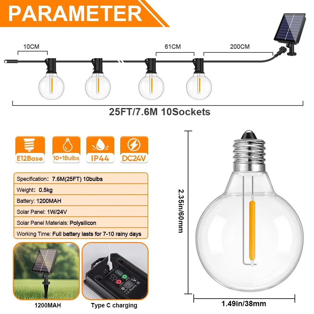 G40 Outdoor Solar String Lights with Remote & Shatterproof Bulbs