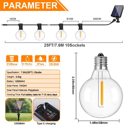 G40 Outdoor Solar String Lights with Remote & Shatterproof Bulbs