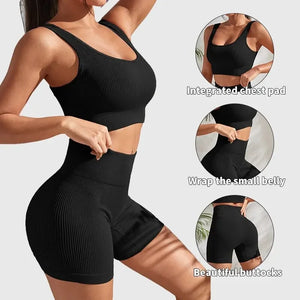Seamless Ribbed 2Pces Crop Tank and High Waist Shorts