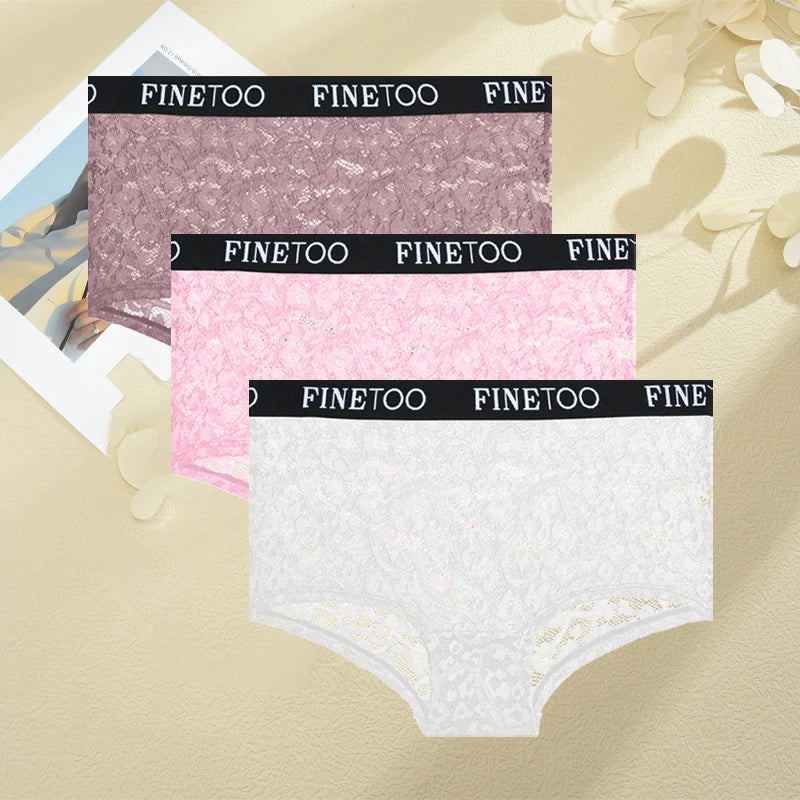 FINETOO Women's Lace Boyshort Panties Set - High-Waist Transparent Mesh Briefs
