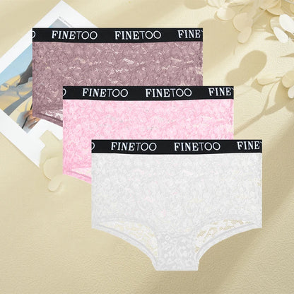 FINETOO Women's Lace Boyshort Panties Set - High-Waist Transparent Mesh Briefs