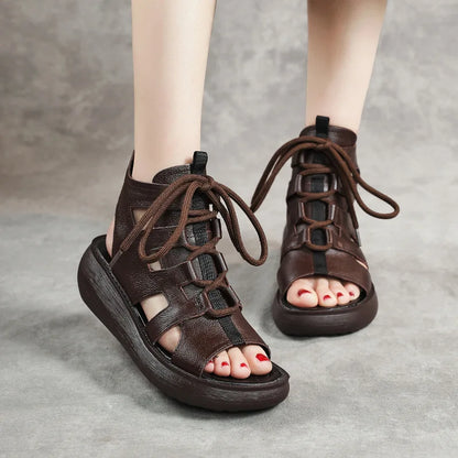 Women's Retro Genuine Leather Lace-Up Peep-Toe Sandals