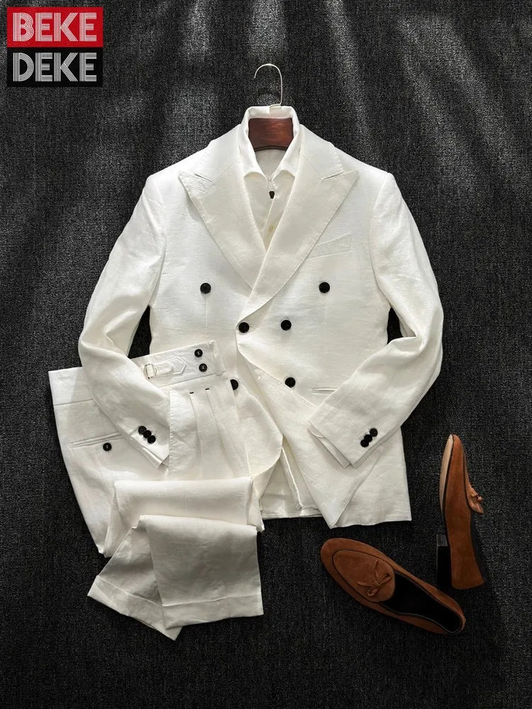 Men's 100% Linen Double-Breasted 2-Piece Formal Business Suit Set