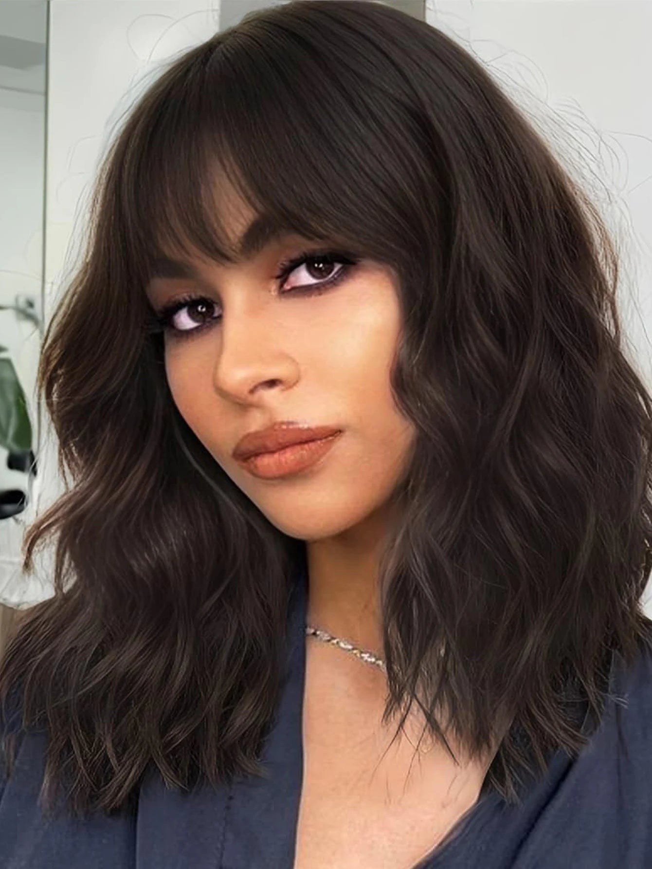 Women’s Natural Brown Short Wavy Bob Wig with Bangs