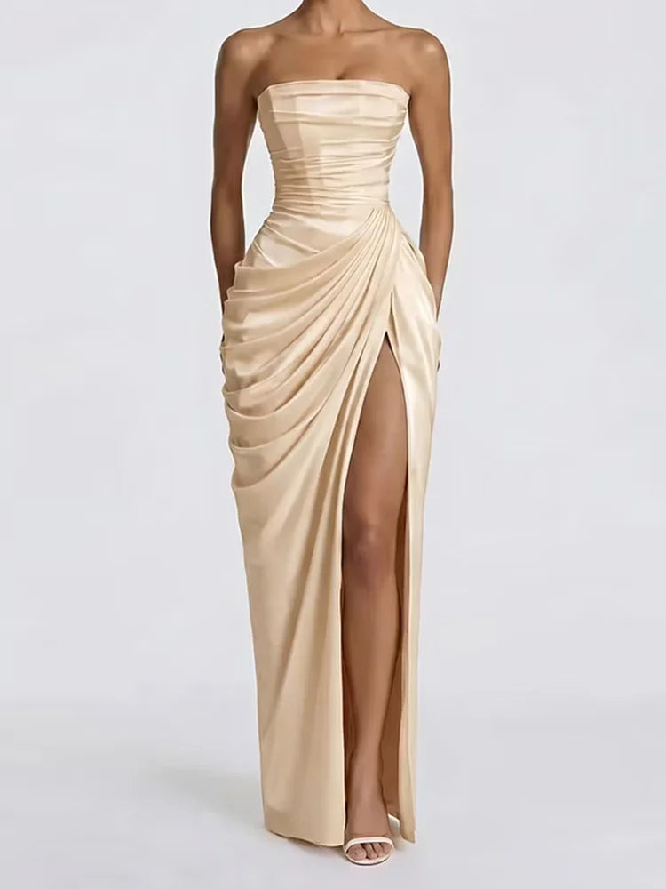 Women's Elegant Strapless Pleated Evening Gown
