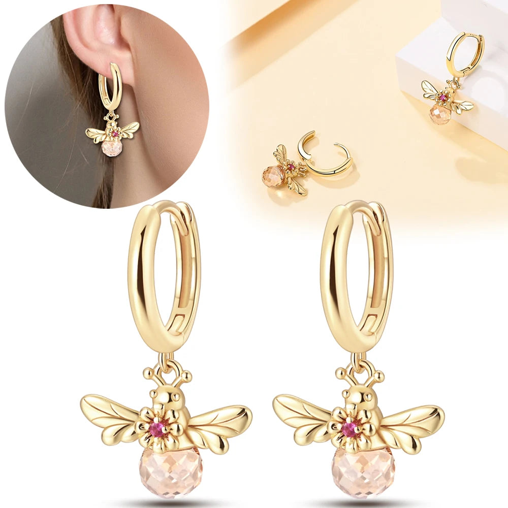 925 Sterling Silver Dancing Bee Hoop Earrings – Cute Enamel Zircon Jewelry