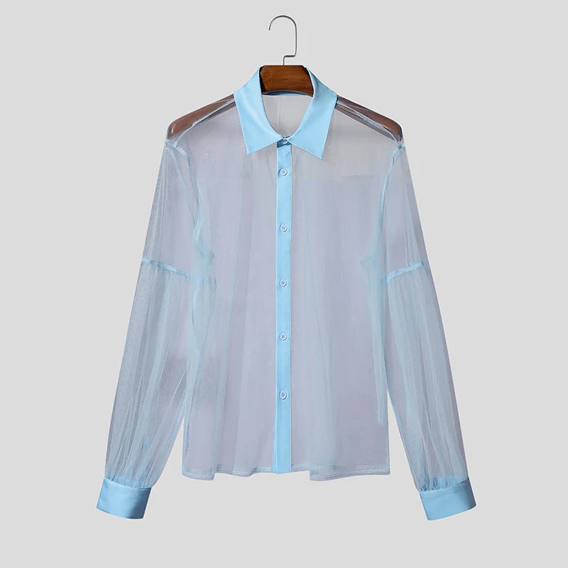 INCERUN Men’s Mesh Patchwork Long Sleeve Button-Down Shirt – Summer Streetwear See-Through Top