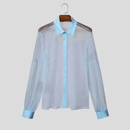 INCERUN Men’s Mesh Patchwork Long Sleeve Button-Down Shirt – Summer Streetwear See-Through Top