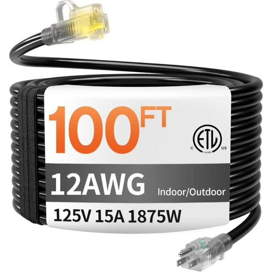 Heavy Duty 12 Gauge 100FT Outdoor Extension Cord with Lighted End