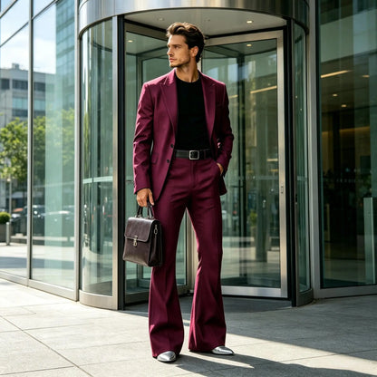 Men's Slim Fit Notched Lapel Blazer & Flared Pants 2-Piece Formal Suit Set