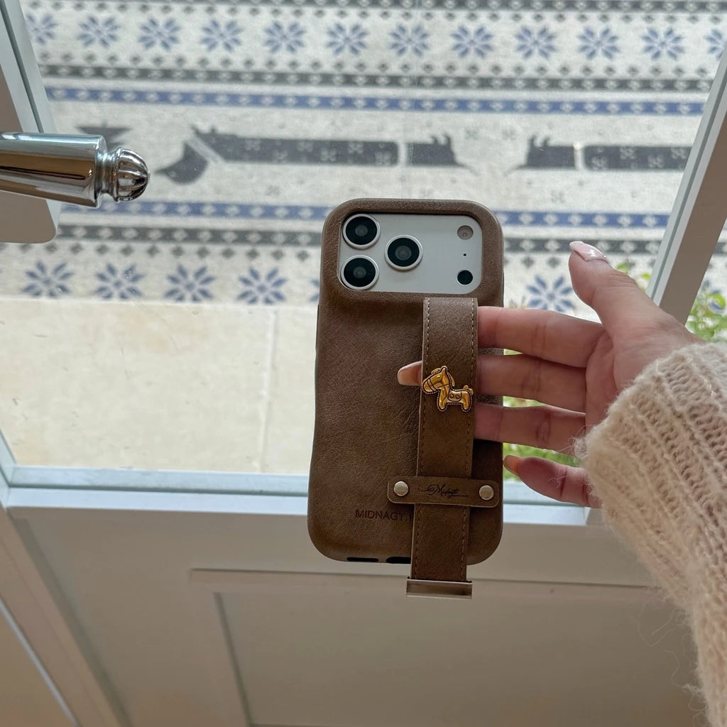 Retro Leather Texture iPhone Case with Wristband Strap & Card Holder