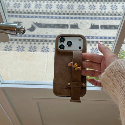 Retro Leather Texture iPhone Case with Wristband Strap & Card Holder