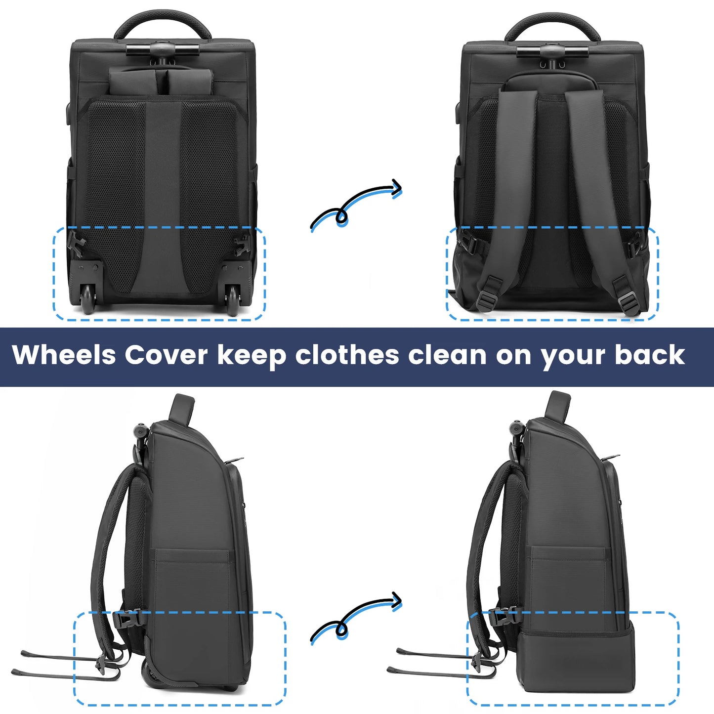 USB Charging Trolley Luggage Backpack with Wheels