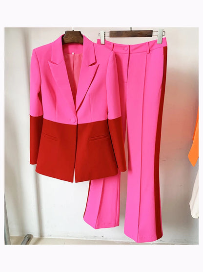 Women’s Color Block Single-Button Blazer & Flare Pants Suit Set – High Street Designer 2PC Outfit