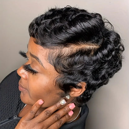 Short Pixie Cut Curly Wave Human Hair Wig, 6 Inch, 250% Density Glueless