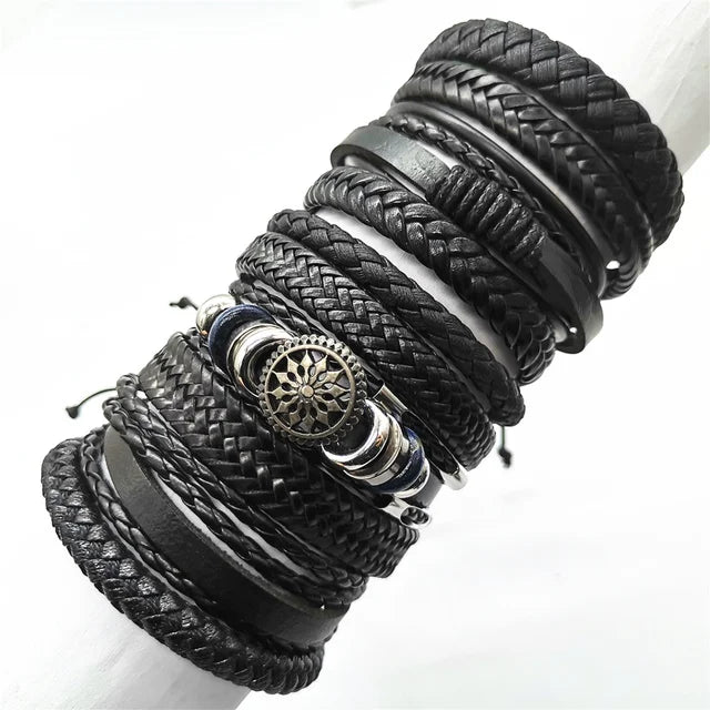 10 Pcs/set Black Wrap Woven Handmade Leather Bracelets
