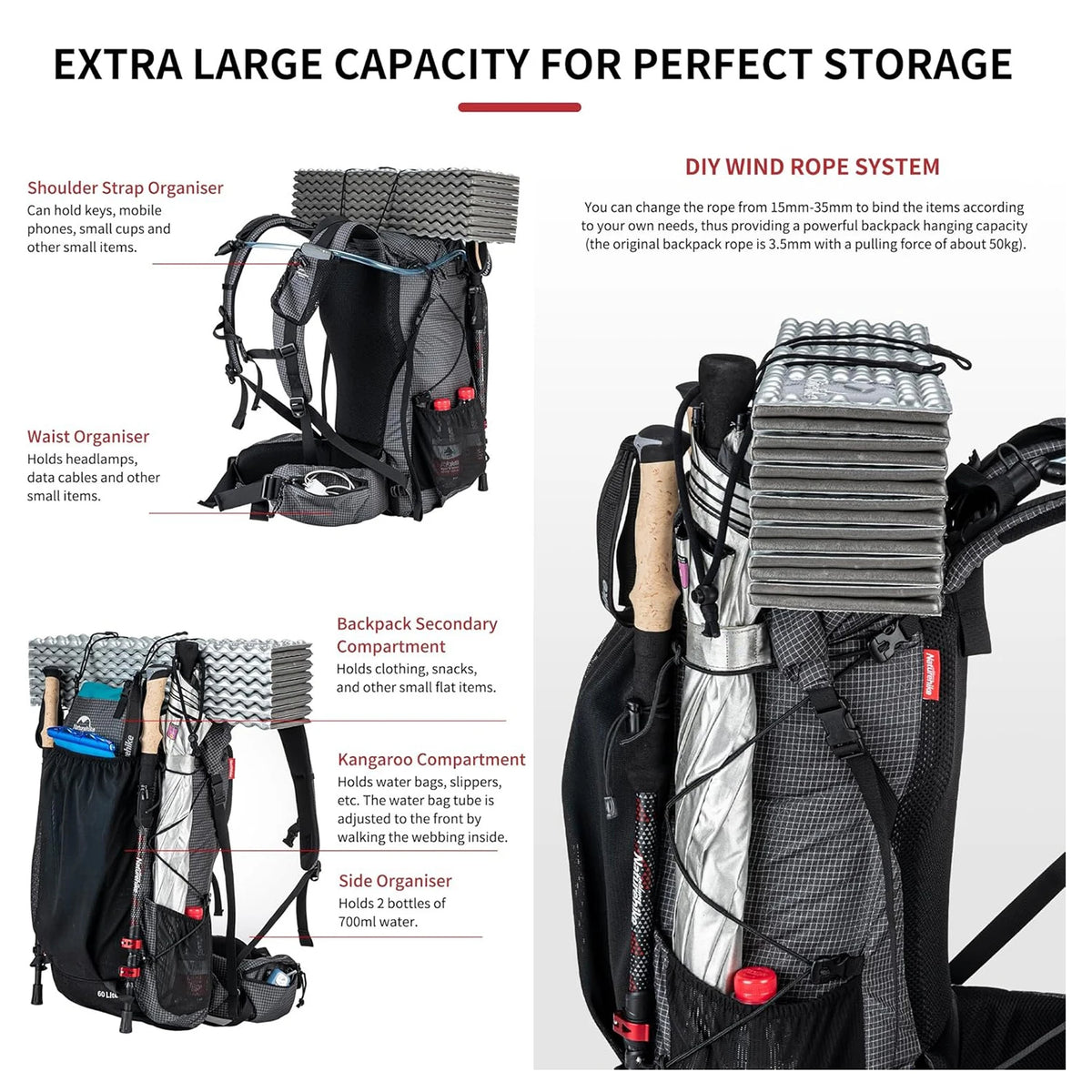 Naturehike Rock Series Lightweight Outdoor Hiking Backpack - 40L & 60+5L Camping Pack with Rain Cover