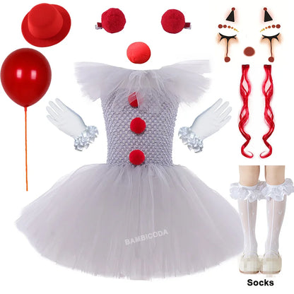 Girls' Pennywise Halloween Costume Dress Set - Creepy Clown Tutu Outfit for Kids