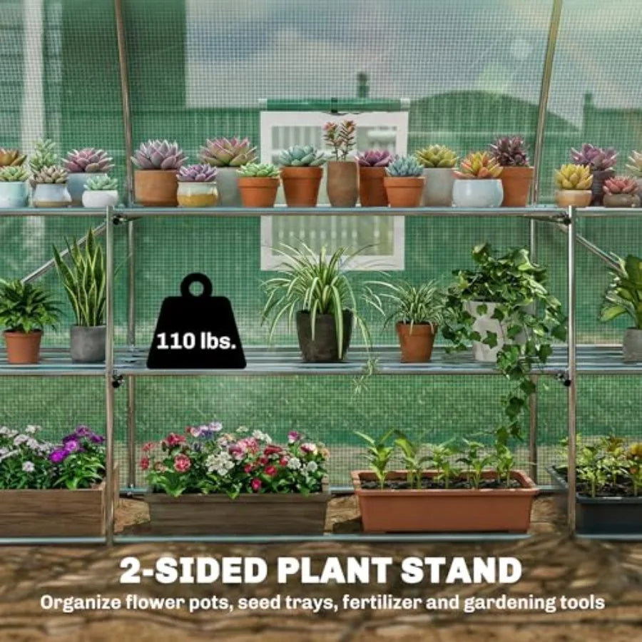 10'x11'x6' Walk-in Tunnel Greenhouse with Shelves Mesh Door and Windows & PE Cover