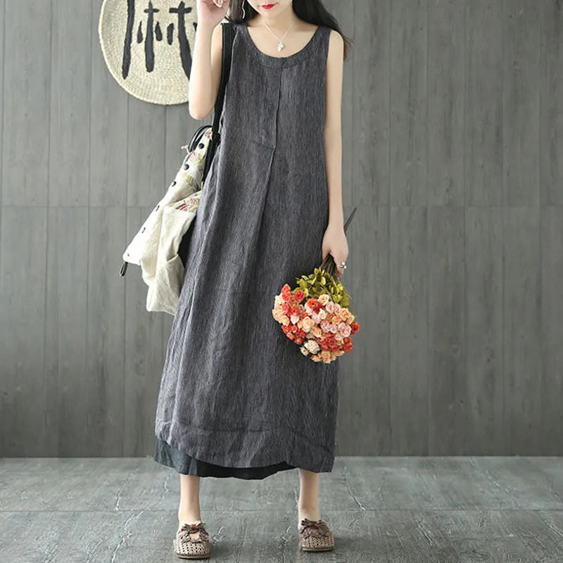Vintage Striped Cotton Linen Sleeveless Midi Dress with Pockets