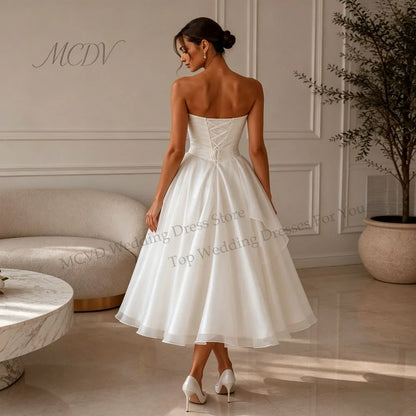 Elegant Strapless Organza A-Line Midi Wedding Dress – Civil Bridal Gown