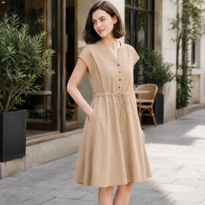 Women's Summer Cotton Linen Short Sleeve Button-Down A-Line Dress