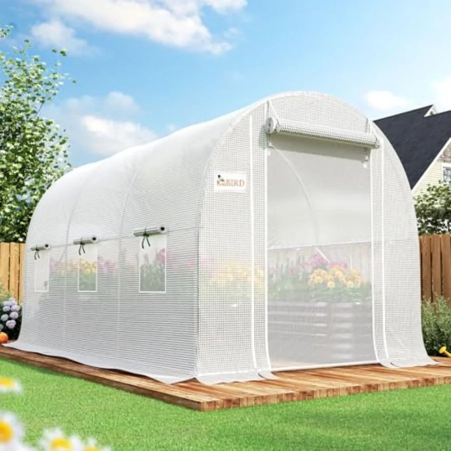 Greenhouse with Galvanized Steel Frame White Plastic Cover Green Screen Mesh Door and Upgraded Zippered Window