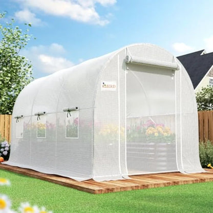 Greenhouse with Galvanized Steel Frame White Plastic Cover Green Screen Mesh Door and Upgraded Zippered Window