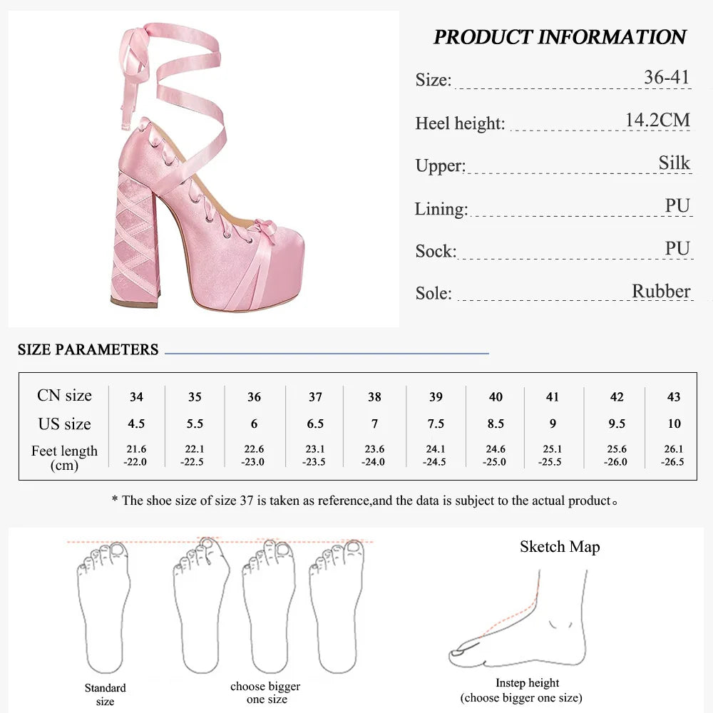 Women's Elegant Lolita Silk Ribbon Chunky High Heel Shoes