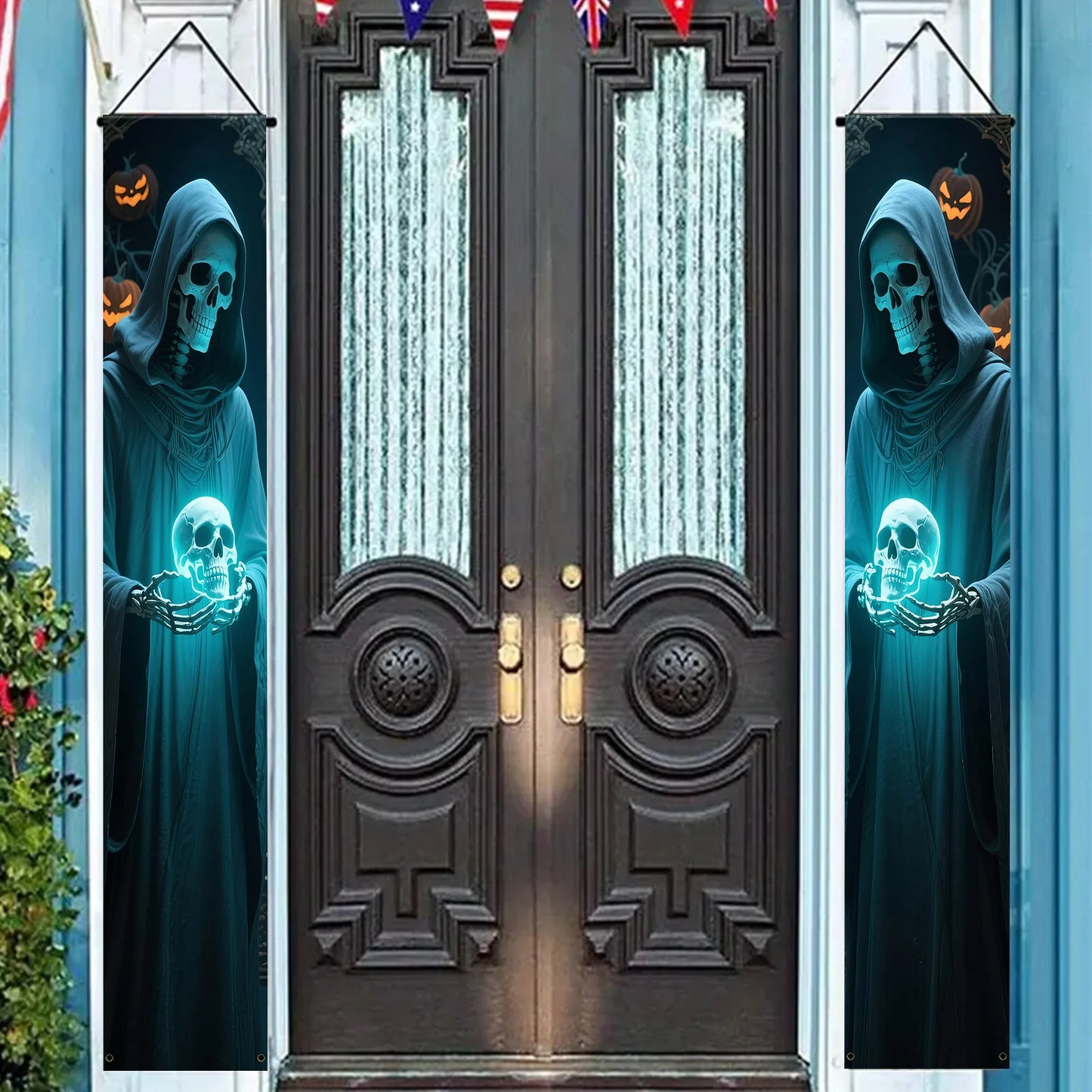 Halloween Skull Porch Banners - Outdoor Hanging Door Decor (2-Pack)