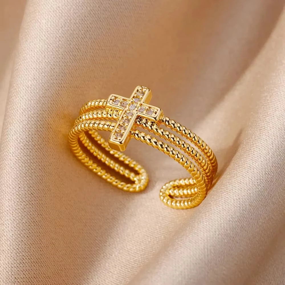 18K Gold Plated Zircon Geometric Open Ring – Trendy Waterproof Stainless Steel Jewelry