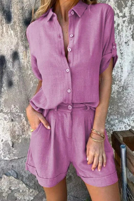 Women's Linen-Blend Button-Down Shirt & Shorts 2-Piece Set