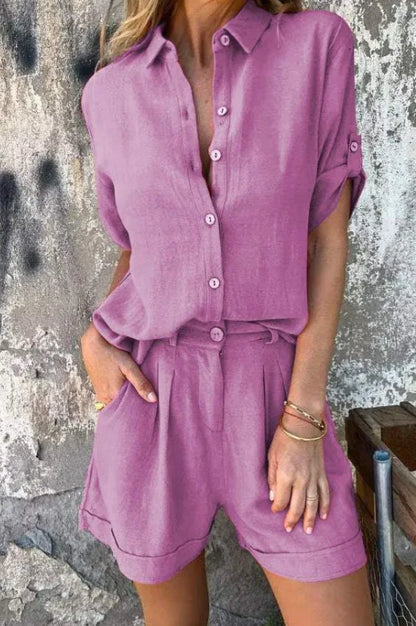 Women's Linen-Blend Button-Down Shirt & Shorts 2-Piece Set