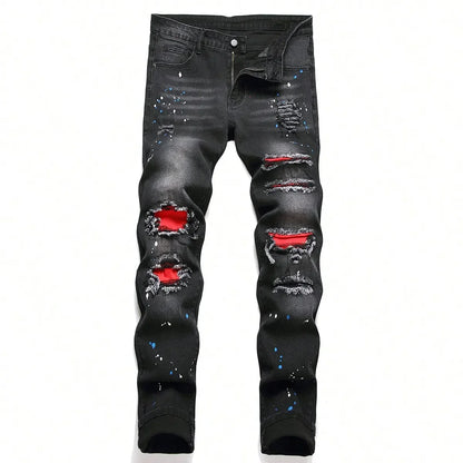 Men’s Ripped Patchwork Slim Fit Stretchy Jeans
