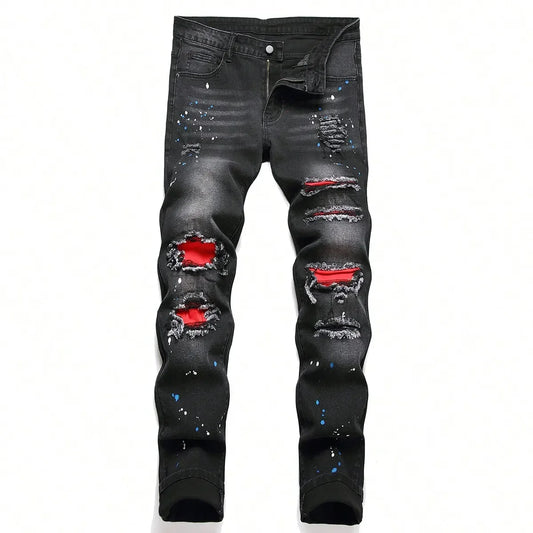 Men’s Ripped Patchwork Slim Fit Stretchy Jeans