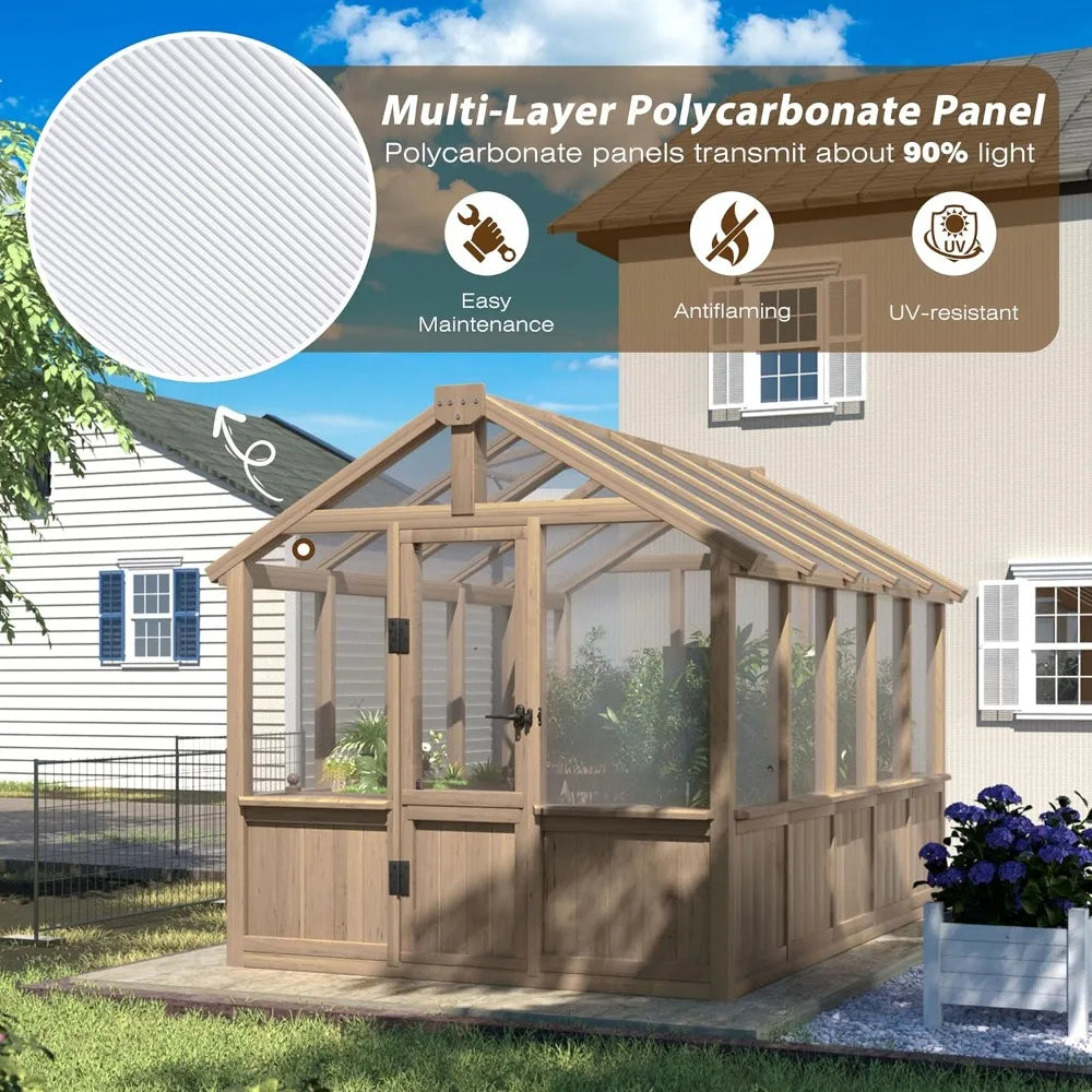6' x10' Wood Greenhouse with Lockable Door Cedar Frame & Adjustable Vent